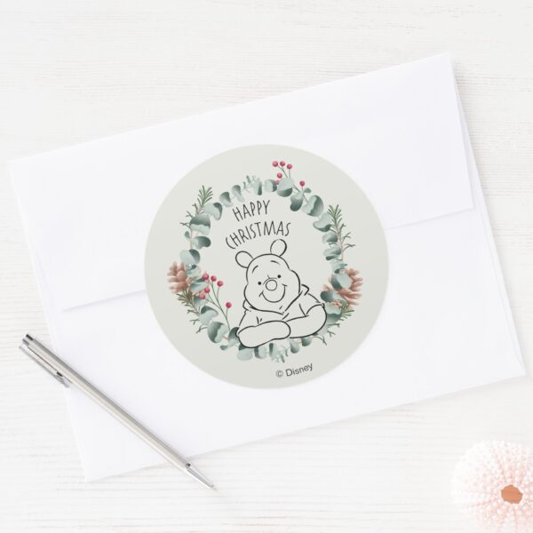 Pooh___Happy_Christmas_Wreath_Classic_Round_Sticker_3 Pooh Happy Christmas Wreath Classic Round Sticker