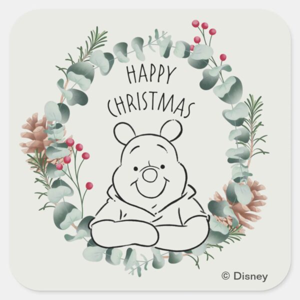 Pooh___Happy_Christmas_Wreath_Square_Sticker_1 Pooh Happy Christmas Wreath Square Sticker