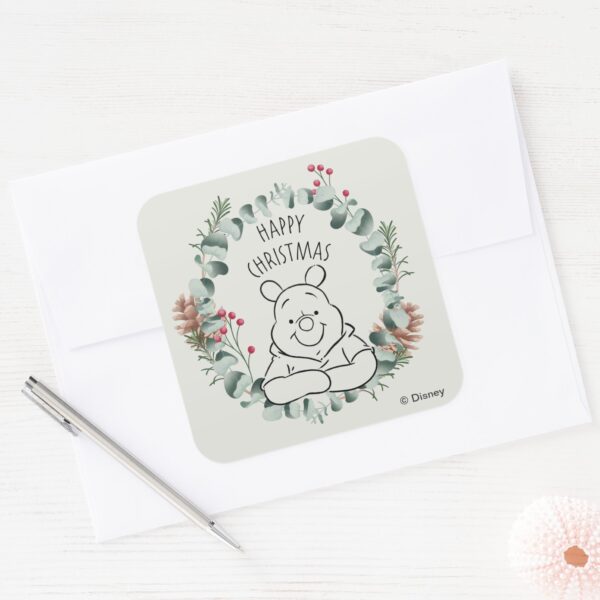 Pooh___Happy_Christmas_Wreath_Square_Sticker_3 Pooh Happy Christmas Wreath Square Sticker