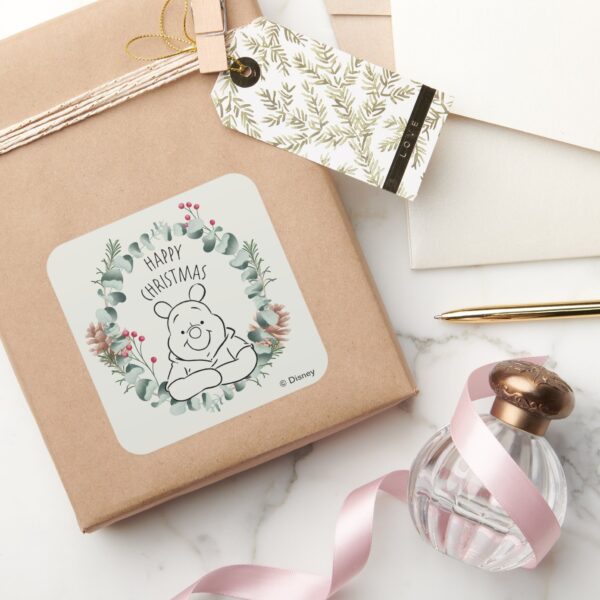 Pooh___Happy_Christmas_Wreath_Square_Sticker_5 Pooh Happy Christmas Wreath Square Sticker