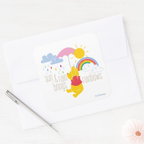 Pooh___Sun_&_Rain_Brings_Rainbows_Quote_Square_Sticker_3 Pooh Sun Rain Brings Rainbows Quote Square Sticker