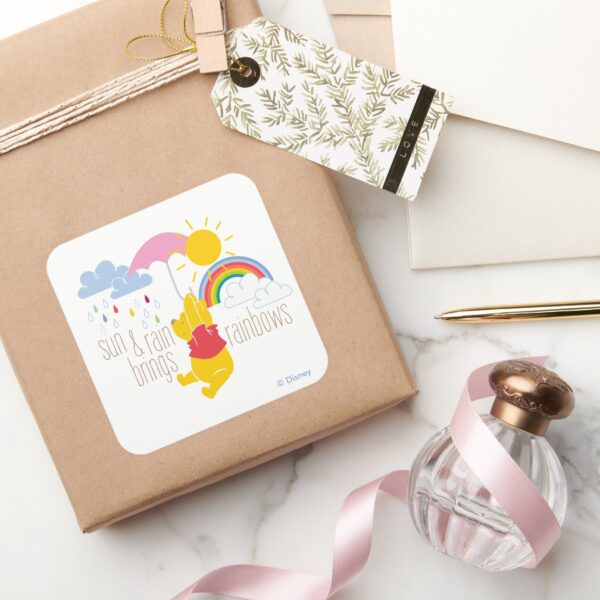 Pooh___Sun_&_Rain_Brings_Rainbows_Quote_Square_Sticker_5 Pooh Sun Rain Brings Rainbows Quote Square Sticker
