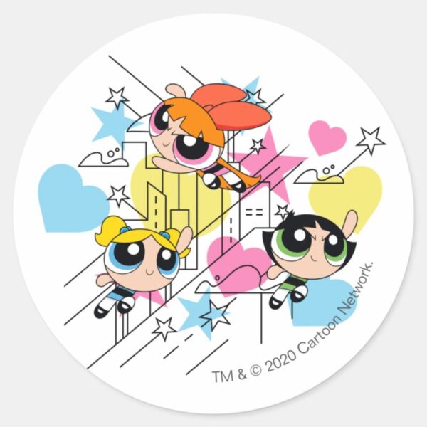 Powerpuff_Girls_Townsville_Pattern_Classic_Round_Sticker_1 Powerpuff Girls Townsville Pattern Classic Round Sticker