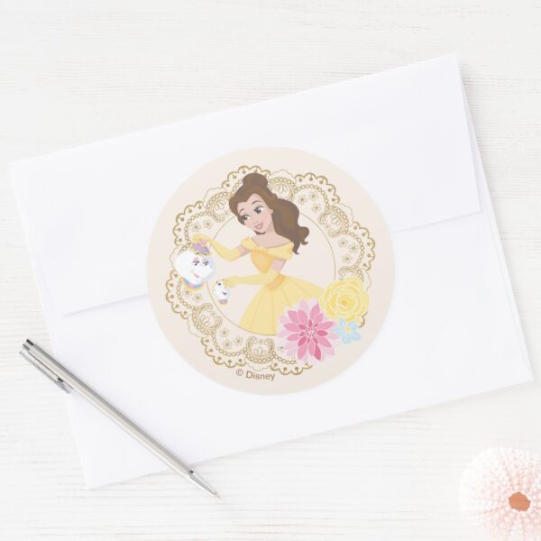 Princess_Belle___Floral_Gold_Confetti_Classic_Round_Sticker_4 Princess Belle Floral Gold Confetti Classic Round Sticker