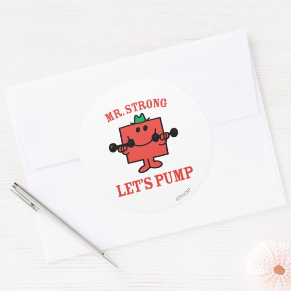 Pumping_Iron_With_Mr._Strong_Classic_Round_Sticker_3 Pumping Iron With Mr. Strong Classic Round Sticker