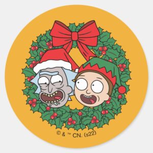Rick And Morty Holiday Wreath Pattern Classic Round Sticker