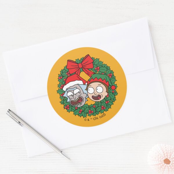 Rick_and_Morty___Holiday_Wreath_Pattern_Classic_Round_Sticker_3 Rick And Morty Holiday Wreath Pattern Classic Round Sticker