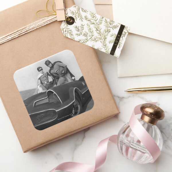 Robin_and_Batman_Standing_in_Batmobile_Square_Sticker_5 Robin And Batman Standing In Batmobile Square Sticker