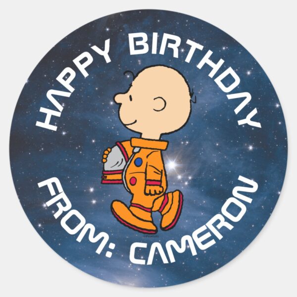 SPACE___Charlie_Brown__Happy_Birthday_Classic_Round_Sticker_1 SPACE Charlie Brown Happy Birthday Classic Round Sticker