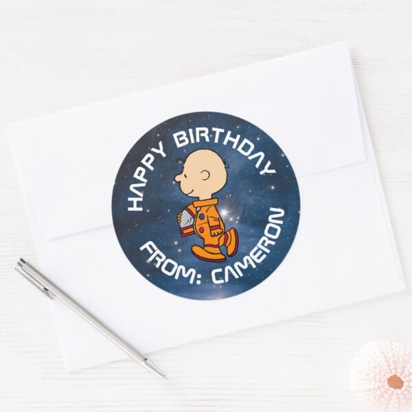 SPACE___Charlie_Brown__Happy_Birthday_Classic_Round_Sticker_3 SPACE Charlie Brown Happy Birthday Classic Round Sticker