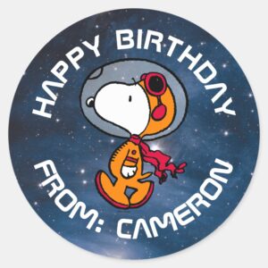 SPACE___Snoopy_Astronaut___Happy_Birthday_Classic_Round_Sticker_1 SPACE Snoopy Astronaut Happy Birthday Classic Round Sticker
