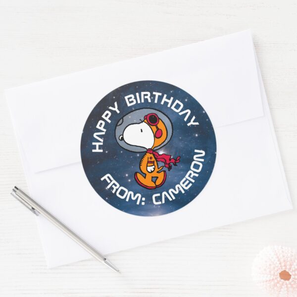 SPACE___Snoopy_Astronaut___Happy_Birthday_Classic_Round_Sticker_3 SPACE Snoopy Astronaut Happy Birthday Classic Round Sticker