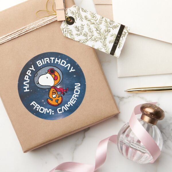 SPACE___Snoopy_Astronaut___Happy_Birthday_Classic_Round_Sticker_5 SPACE Snoopy Astronaut Happy Birthday Classic Round Sticker