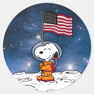 SPACE___Snoopy_With_Flag_Astronaut_Classic_Round_Sticker_1 SPACE Snoopy With Flag Astronaut Classic Round Sticker