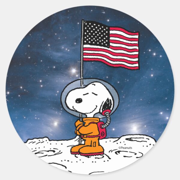 SPACE___Snoopy_With_Flag_Astronaut_Classic_Round_Sticker_1 SPACE Snoopy With Flag Astronaut Classic Round Sticker