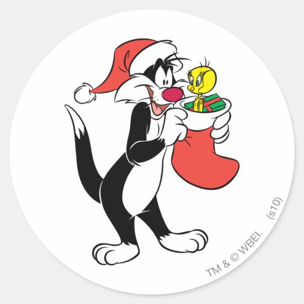 SYLVESTER™_Cat_with_Stocking_Classic_Round_Sticker_1 SYLVESTER™ Cat With Stocking Classic Round Sticker