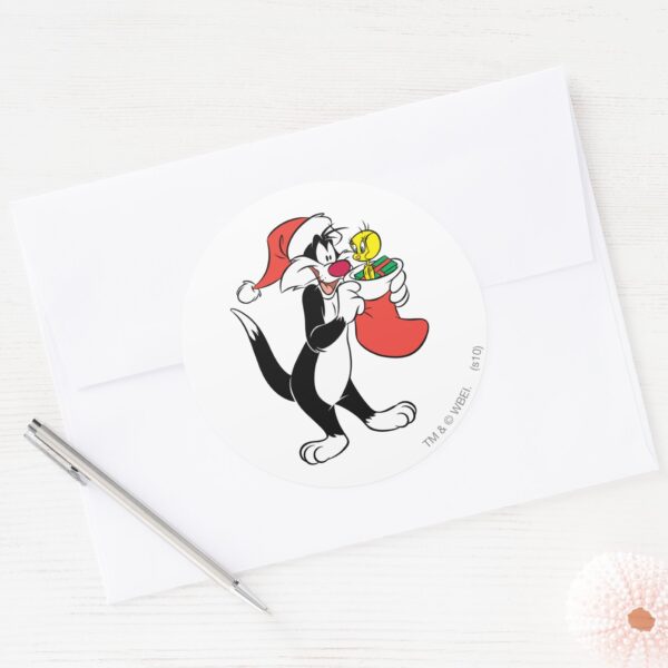 SYLVESTER™_Cat_with_Stocking_Classic_Round_Sticker_3 SYLVESTER™ Cat With Stocking Classic Round Sticker