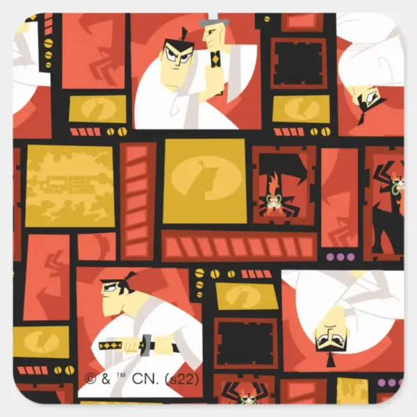 Samurai_Jack_&_Aku_Character_Art_Panel_Pattern_Square_Sticker_1 Samurai Jack Aku Character Art Panel Pattern Square Sticker