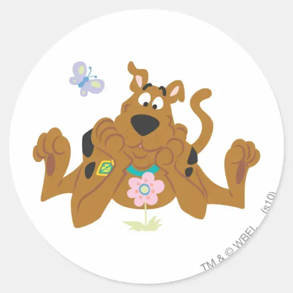 Scooby-Doo_Admiring_Flower_Classic_Round_Sticker_1 Scooby Doo Admiring Flower Classic Round Sticker