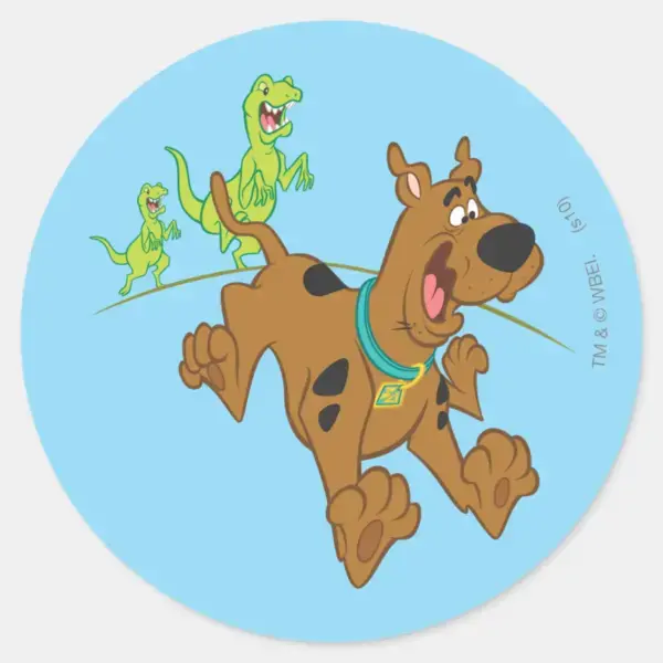Scooby-Doo_Dinosaur_Escape_Classic_Round_Sticker_1 Scooby Doo Dinosaur Escape Classic Round Sticker