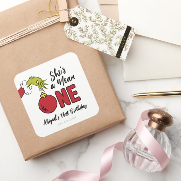 She's_a_Mean_One___Grinch_Birthday_Square_Sticker_5 Shes A Mean One Grinch Birthday Square Sticker
