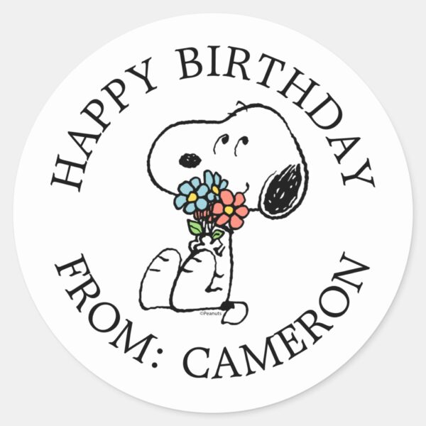 Snoopy_Stop_&_Smell_the_Flowers___Happy_Birthday_Classic_Round_Sticker_1 Snoopy Stop Smell The Flowers Happy Birthday Classic Round Sticker
