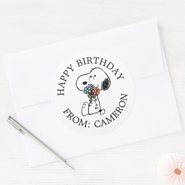 Snoopy_Stop_&_Smell_the_Flowers___Happy_Birthday_Classic_Round_Sticker_3 Snoopy Stop Smell The Flowers Happy Birthday Classic Round Sticker
