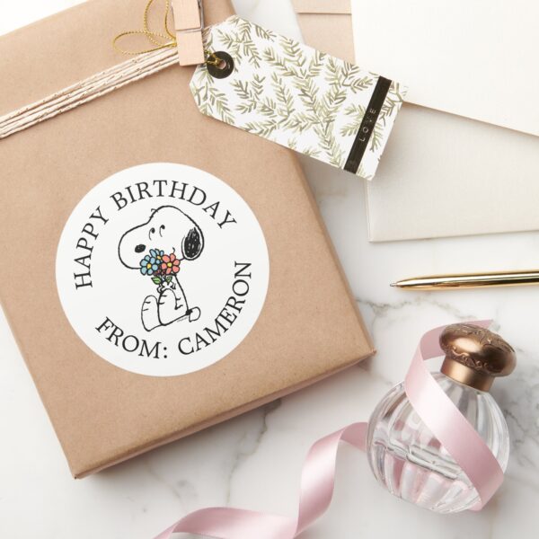 Snoopy_Stop_&_Smell_the_Flowers___Happy_Birthday_Classic_Round_Sticker_5 Snoopy Stop Smell The Flowers Happy Birthday Classic Round Sticker