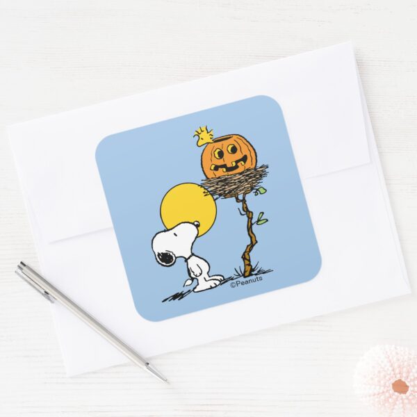 Snoopy_&_Woodstock_Nest_With_Jack_O'_Lantern_Square_Sticker_3 Snoopy Woodstock Nest With Jack O Lantern Square Sticker