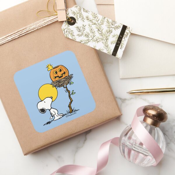 Snoopy_&_Woodstock_Nest_With_Jack_O'_Lantern_Square_Sticker_5 Snoopy Woodstock Nest With Jack O Lantern Square Sticker