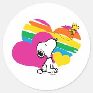 Snoopy_and_Woodstock___Rainbow_Hearts_Classic_Round_Sticker_1 Snoopy And Woodstock Rainbow Hearts Classic Round Sticker