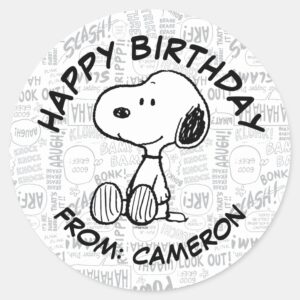 Snoopy_on_Black_White_Comics___Happy_Birthday_Classic_Round_Sticker_1 Snoopy On Black White Comics Happy Birthday Classic Round Sticker