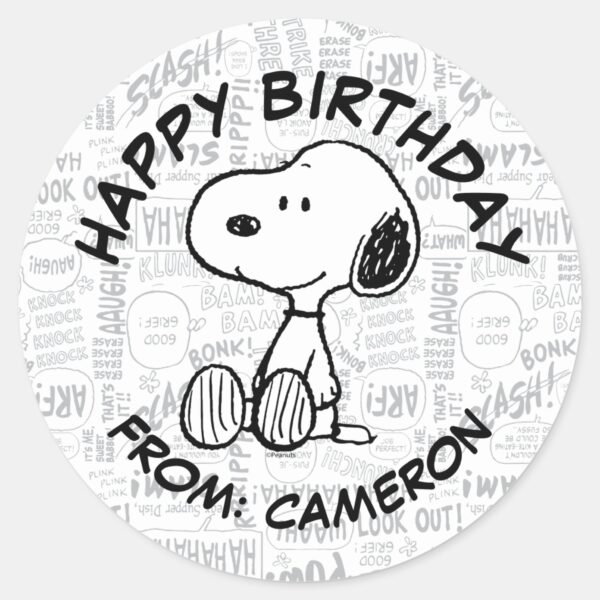 Snoopy_on_Black_White_Comics___Happy_Birthday_Classic_Round_Sticker_1 Snoopy On Black White Comics Happy Birthday Classic Round Sticker