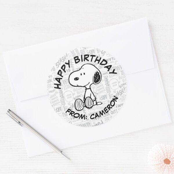 Snoopy_on_Black_White_Comics___Happy_Birthday_Classic_Round_Sticker_3 Snoopy On Black White Comics Happy Birthday Classic Round Sticker