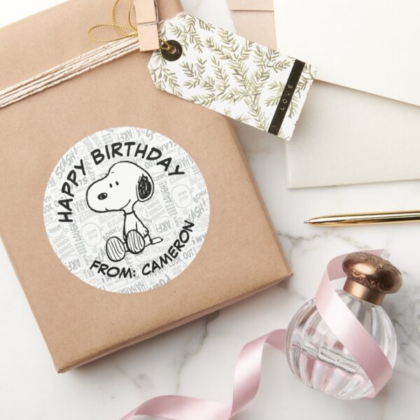 Snoopy_on_Black_White_Comics___Happy_Birthday_Classic_Round_Sticker_5 Snoopy On Black White Comics Happy Birthday Classic Round Sticker