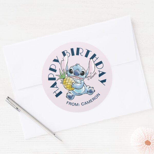Stitch Holding Pineapple Happy Birthday Classic Round Sticker