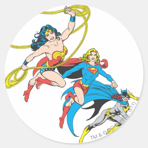 Superheroines_Leap_Classic_Round_Sticker_1 Superheroines Leap Classic Round Sticker