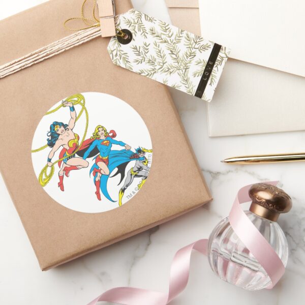 Superheroines_Leap_Classic_Round_Sticker_5 Superheroines Leap Classic Round Sticker