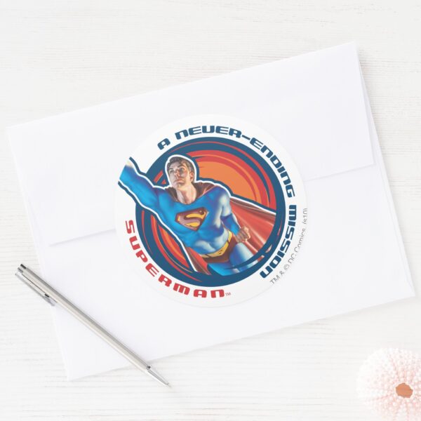 Superman_A_Never-ending_Mission_Classic_Round_Sticker_3 Superman A Never Ending Mission Classic Round Sticker