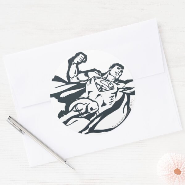 Superman_Flies_Right_Classic_Round_Sticker_3 Superman Flies Right Classic Round Sticker