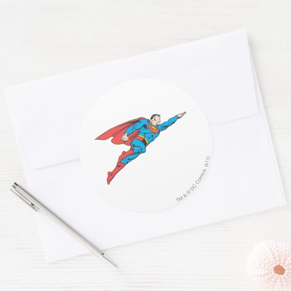 Superman_Flying_Right_Classic_Round_Sticker_3 Superman Flying Right Classic Round Sticker