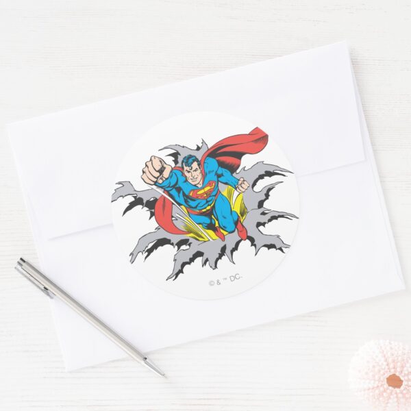 Superman_Tears_Thru_Classic_Round_Sticker_3 Superman Tears Thru Classic Round Sticker