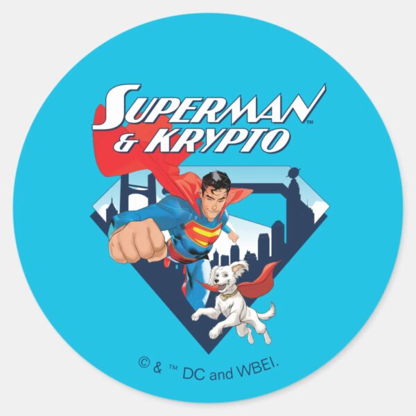 Superman_&_Krypto_Soar_Classic_Round_Sticker_1 Superman Krypto Soar Classic Round Sticker