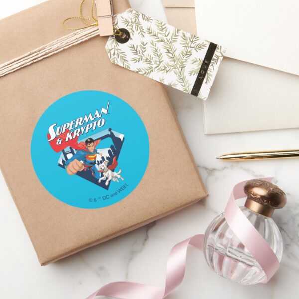 Superman_&_Krypto_Soar_Classic_Round_Sticker_5 Superman Krypto Soar Classic Round Sticker