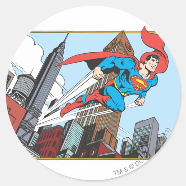 Superman_&_Skyscrapers_Classic_Round_Sticker_1 Superman Skyscrapers Classic Round Sticker