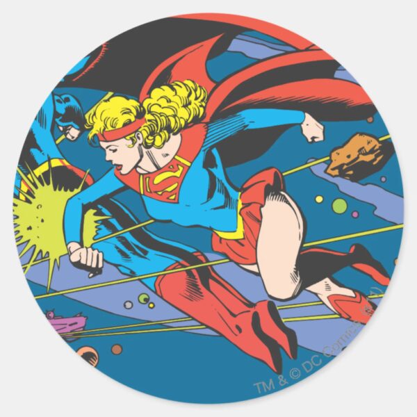 Superman_&_Supergirl_Flying_Classic_Round_Sticker_1 Superman Supergirl Flying Classic Round Sticker