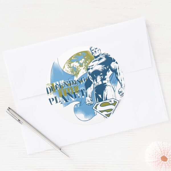 Superman___Defending_the_Planet_Classic_Round_Sticker_3 Superman Defending The Planet Classic Round Sticker
