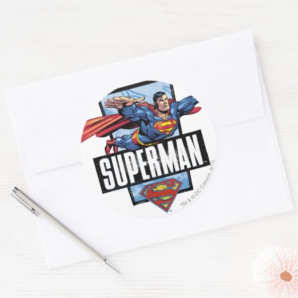Superman_and_Logo_Bordered_Classic_Round_Sticker_3 Superman And Logo Bordered Classic Round Sticker
