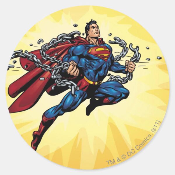 Superman_breaks_chains_classic_round_sticker_1 Superman Breaks Chains Classic Round Sticker