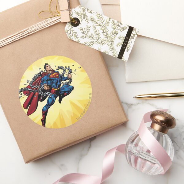 Superman_breaks_chains_classic_round_sticker_5 Superman Breaks Chains Classic Round Sticker